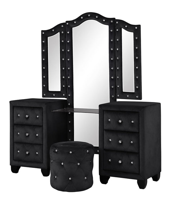 English Elm Modern Sophia 6-Drawer Vanity Set Black with Crystal Handles, Velvet Stool & Mirror — Glam Storage and Style 808857735959