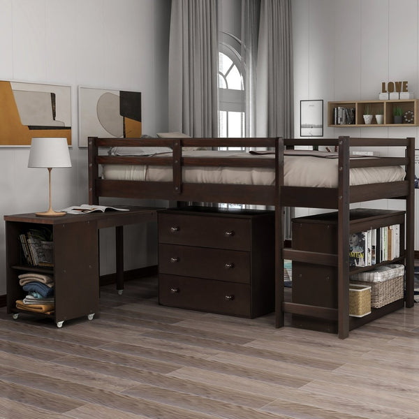 English Elm Low Twin Loft Bed with Rolling Desk Underbed Storage Cabinet Kids Study Space Espresso LT000113AAP-1