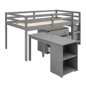 English Elm Low Twin Loft Bed with Rolling Desk Underbed Storage Cabinet Kids Study Space Gray LT000113AAE