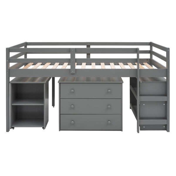 English Elm Low Twin Loft Bed with Rolling Desk Underbed Storage Cabinet Kids Study Space Gray LT000113AAE-1