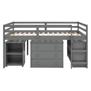 English Elm Low Twin Loft Bed with Rolling Desk Underbed Storage Cabinet Kids Study Space Gray LT000113AAE