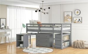 English Elm Low Twin Loft Bed with Rolling Desk Underbed Storage Cabinet Kids Study Space Gray LT000113AAE-1