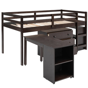 English Elm Low Twin Loft Bed with Rolling Desk Underbed Storage Cabinet Kids Study Space Espresso LT000113AAP