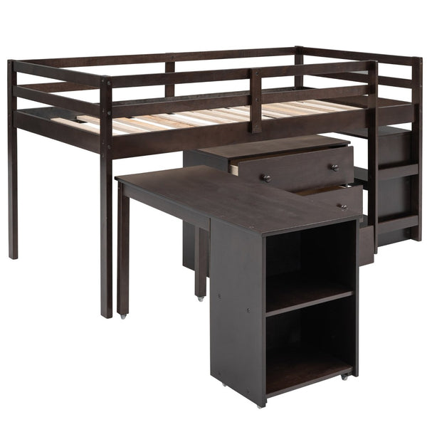 English Elm Low Twin Loft Bed with Rolling Desk Underbed Storage Cabinet Kids Study Space Espresso LT000113AAP