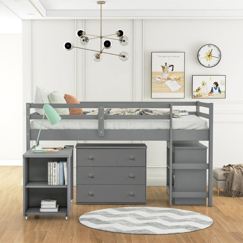 English Elm Low Twin Loft Bed with Rolling Desk Underbed Storage Cabinet Kids Study Space Gray LT000113AAE-1