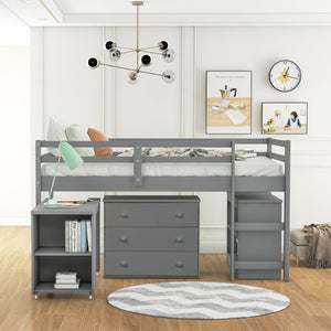 English Elm Low Twin Loft Bed with Rolling Desk Underbed Storage Cabinet Kids Study Space Gray LT000113AAE-1