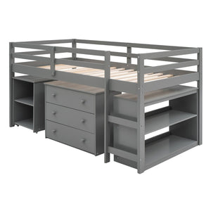 English Elm Low Twin Loft Bed with Rolling Desk Underbed Storage Cabinet Kids Study Space Gray LT000113AAE-1