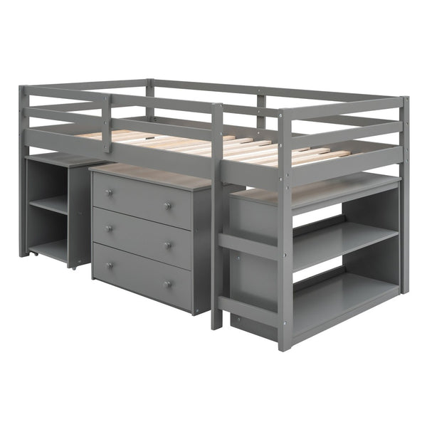 English Elm Low Twin Loft Bed with Rolling Desk Underbed Storage Cabinet Kids Study Space Gray LT000113AAE-1
