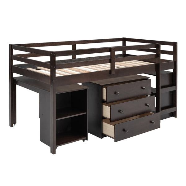 English Elm Low Twin Loft Bed with Rolling Desk Underbed Storage Cabinet Kids Study Space Espresso LT000113AAP