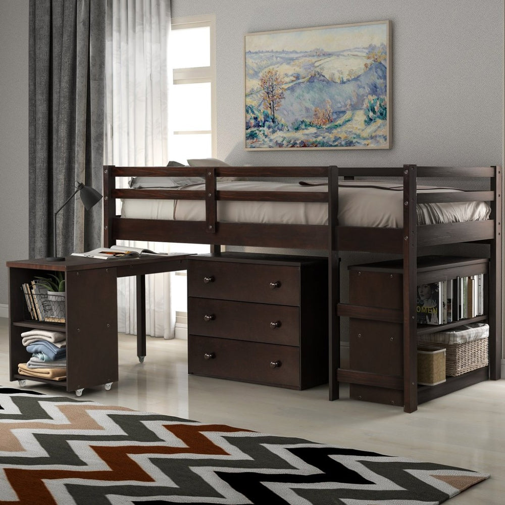 English Elm Low Twin Loft Bed with Rolling Desk Underbed Storage Cabinet Kids Study Space Espresso LT000113AAP