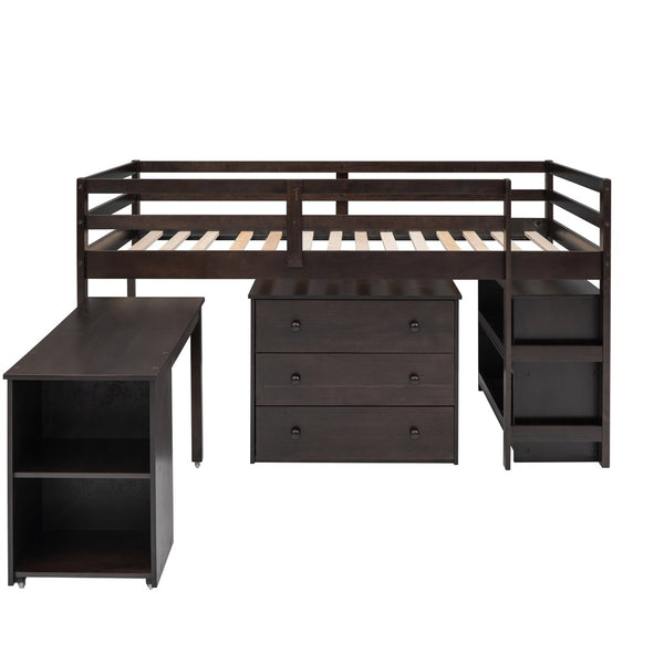 English Elm Low Twin Loft Bed with Rolling Desk Underbed Storage Cabinet Kids Study Space Espresso LT000113AAP