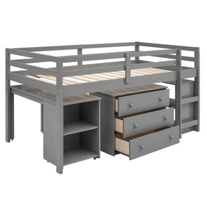 English Elm Low Twin Loft Bed with Rolling Desk Underbed Storage Cabinet Kids Study Space Gray LT000113AAE
