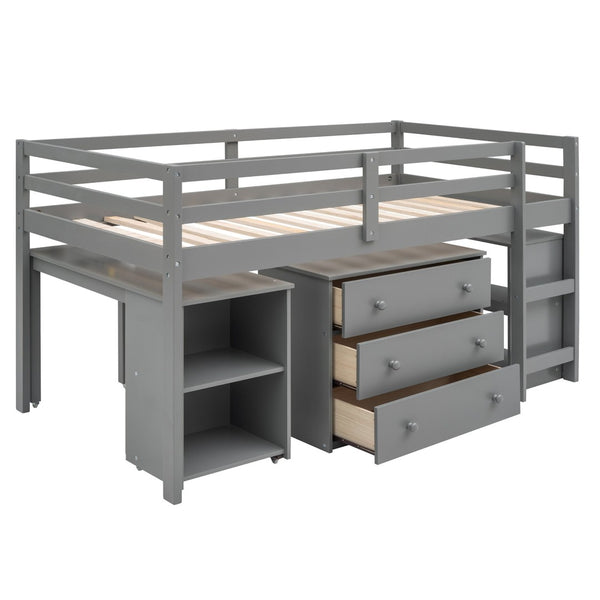 English Elm Low Twin Loft Bed with Rolling Desk Underbed Storage Cabinet Kids Study Space Gray LT000113AAE