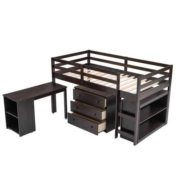 English Elm Low Twin Loft Bed with Rolling Desk Underbed Storage Cabinet Kids Study Space Espresso LT000113AAP