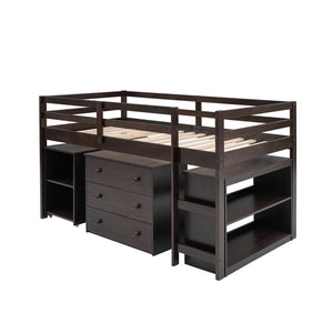 English Elm Low Twin Loft Bed with Rolling Desk Underbed Storage Cabinet Kids Study Space Espresso LT000113AAP