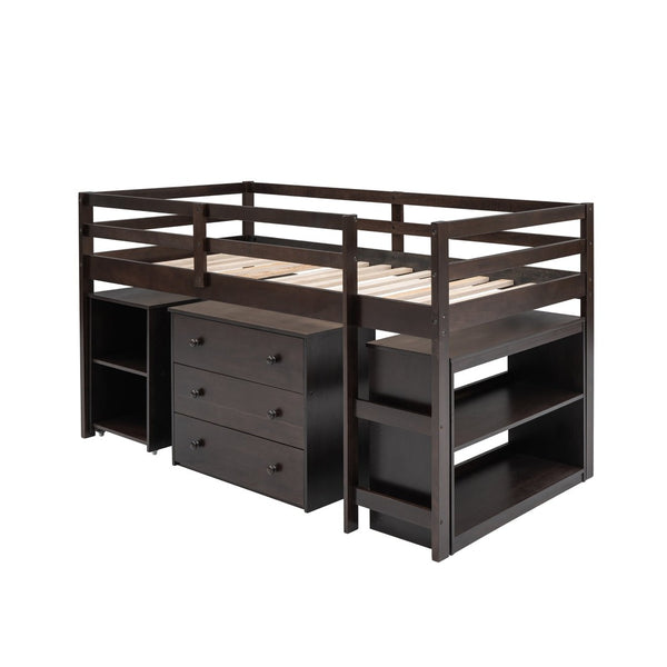 English Elm Low Twin Loft Bed with Rolling Desk Underbed Storage Cabinet Kids Study Space Espresso LT000113AAP