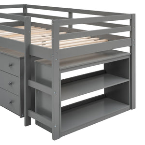 English Elm Low Twin Loft Bed with Rolling Desk Underbed Storage Cabinet Kids Study Space Gray LT000113AAE-1