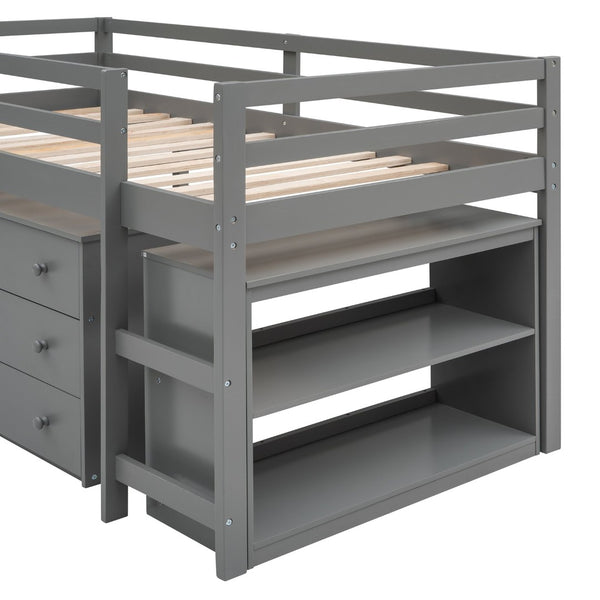 English Elm Low Twin Loft Bed with Rolling Desk Underbed Storage Cabinet Kids Study Space Gray LT000113AAE-1