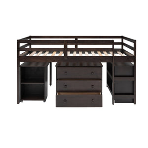 English Elm Low Twin Loft Bed with Rolling Desk Underbed Storage Cabinet Kids Study Space Espresso LT000113AAP