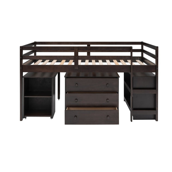 English Elm Low Twin Loft Bed with Rolling Desk Underbed Storage Cabinet Kids Study Space Espresso LT000113AAP