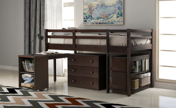 English Elm Low Twin Loft Bed with Rolling Desk Underbed Storage Cabinet Kids Study Space Espresso LT000113AAP-1