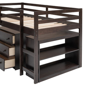 English Elm Low Twin Loft Bed with Rolling Desk Underbed Storage Cabinet Kids Study Space Espresso LT000113AAP