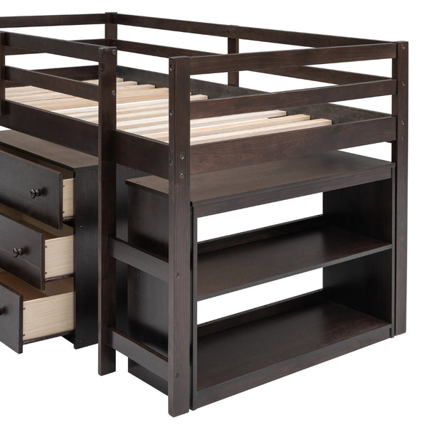 English Elm Low Twin Loft Bed with Rolling Desk Underbed Storage Cabinet Kids Study Space Espresso LT000113AAP-1