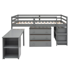 English Elm Low Twin Loft Bed with Rolling Desk Underbed Storage Cabinet Kids Study Space Gray LT000113AAE-1