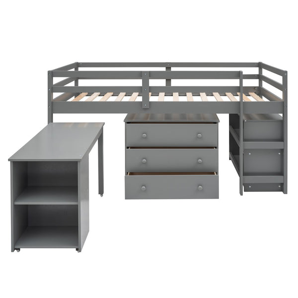 English Elm Low Twin Loft Bed with Rolling Desk Underbed Storage Cabinet Kids Study Space Gray LT000113AAE-1