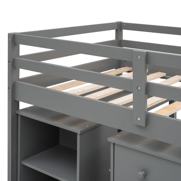 English Elm Low Twin Loft Bed with Rolling Desk Underbed Storage Cabinet Kids Study Space Gray LT000113AAE