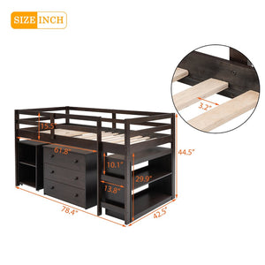 English Elm Low Twin Loft Bed with Rolling Desk Underbed Storage Cabinet Kids Study Space Espresso LT000113AAP
