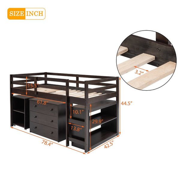 English Elm Low Twin Loft Bed with Rolling Desk Underbed Storage Cabinet Kids Study Space Espresso LT000113AAP-1