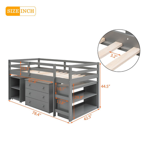 English Elm Low Twin Loft Bed with Rolling Desk Underbed Storage Cabinet Kids Study Space Gray LT000113AAE-1