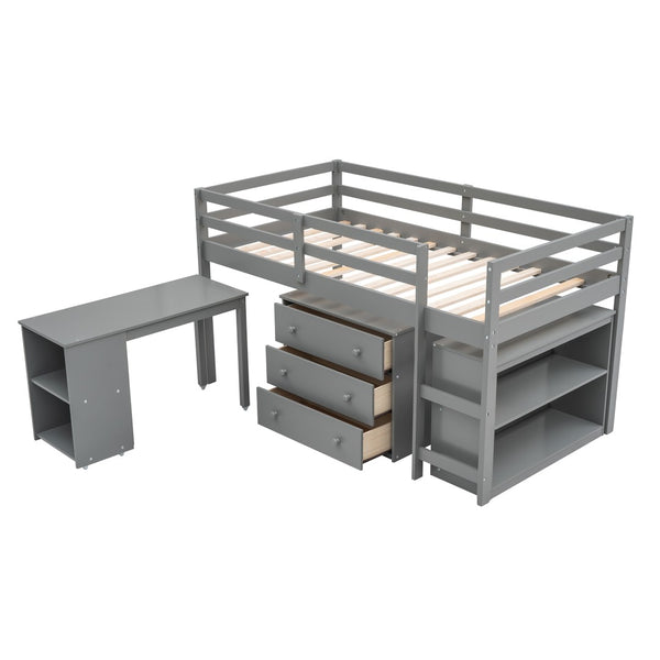English Elm Low Twin Loft Bed with Rolling Desk Underbed Storage Cabinet Kids Study Space Gray LT000113AAE-1