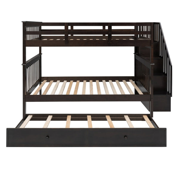 English Elm Stairway Full Over Bunk Bed with Trundle Stair Shelving and Kids Storage Espresso LT100210AAP