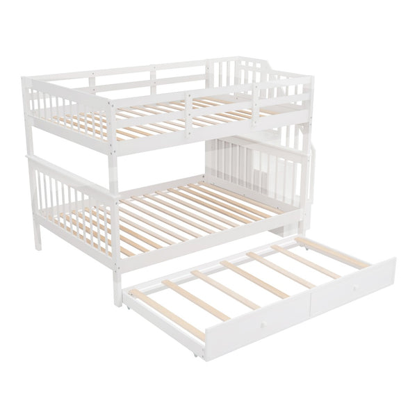 English Elm Stairway Full Over Bunk Bed with Trundle Stair Shelving and Kids Storage White LT100210AAK