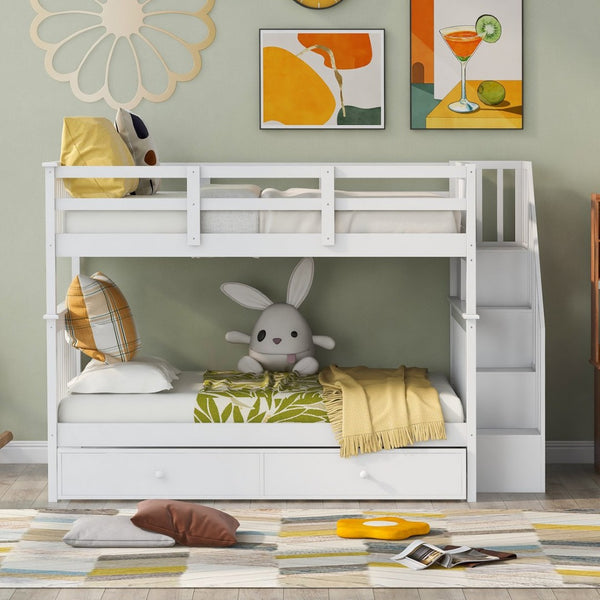 English Elm Stairway Full Over Bunk Bed with Trundle Stair Shelving and Kids Storage White LT100210AAK