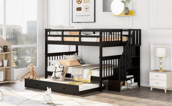 English Elm Stairway Full Over Bunk Bed with Trundle Stair Shelving and Kids Storage Espresso LT100210AAP