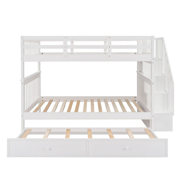 English Elm Stairway Full Over Bunk Bed with Trundle Stair Shelving and Kids Storage White LT100210AAK