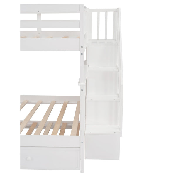 English Elm Stairway Full Over Bunk Bed with Trundle Stair Shelving and Kids Storage White LT100210AAK