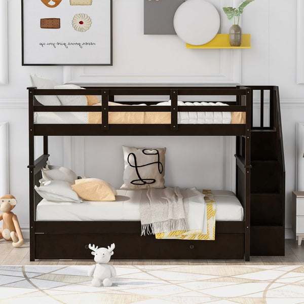 English Elm Stairway Full Over Bunk Bed with Trundle Stair Shelving and Kids Storage Espresso LT100210AAP