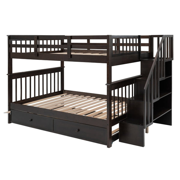 English Elm Stairway Full Over Bunk Bed with Trundle Stair Shelving and Kids Storage Espresso LT100210AAP