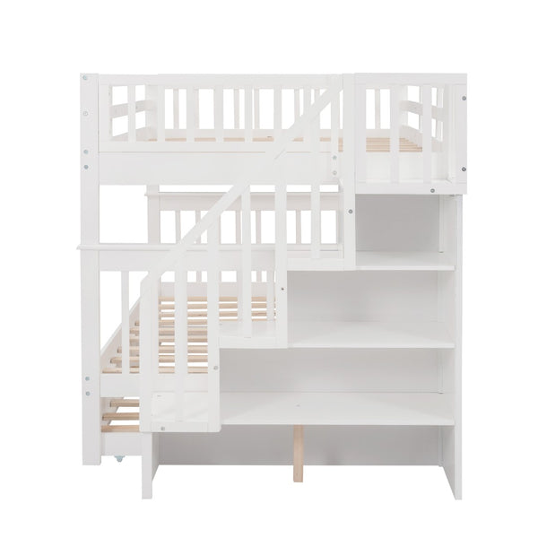 English Elm Stairway Full Over Bunk Bed with Trundle Stair Shelving and Kids Storage White LT100210AAK