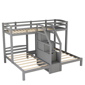 English Elm Twin Triple Bunk Bed with Built-In Staircase, Drawer Storage & 3 Twin Frames Gray – Space-Saving Solution GX000309AAE