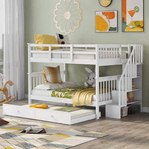 English Elm Stairway Full Over Bunk Bed with Trundle Stair Shelving and Kids Storage White LT100210AAK