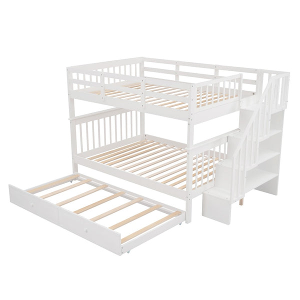 English Elm Stairway Full Over Bunk Bed with Trundle Stair Shelving and Kids Storage White LT100210AAK