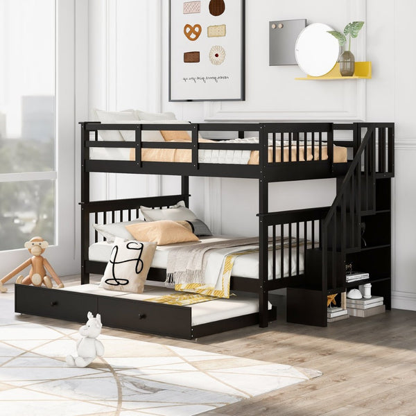 English Elm Stairway Full Over Bunk Bed with Trundle Stair Shelving and Kids Storage Espresso LT100210AAP
