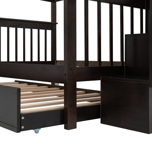 English Elm Stairway Full Over Bunk Bed with Trundle Stair Shelving and Kids Storage Espresso LT100210AAP
