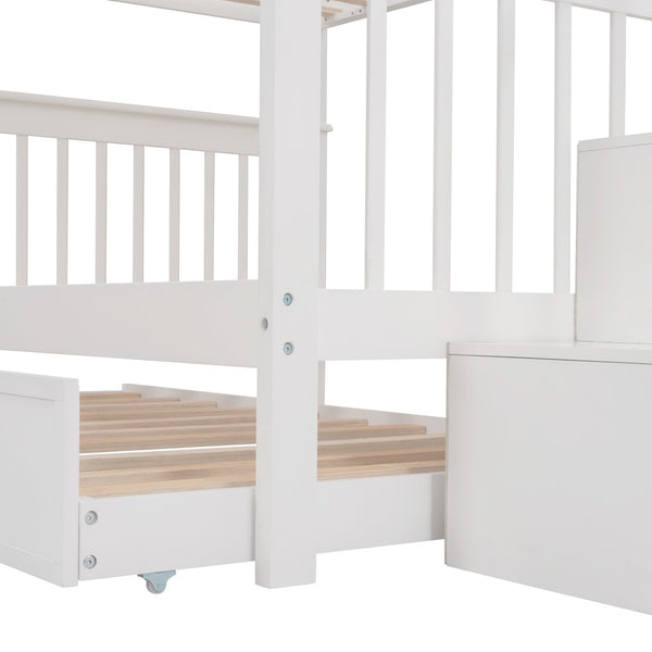English Elm Stairway Full Over Bunk Bed with Trundle Stair Shelving and Kids Storage White LT100210AAK