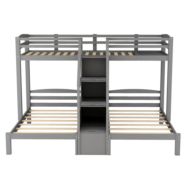 English Elm Twin Triple Bunk Bed with Built-In Staircase, Drawer Storage & 3 Twin Frames Gray – Space-Saving Solution GX000309AAE